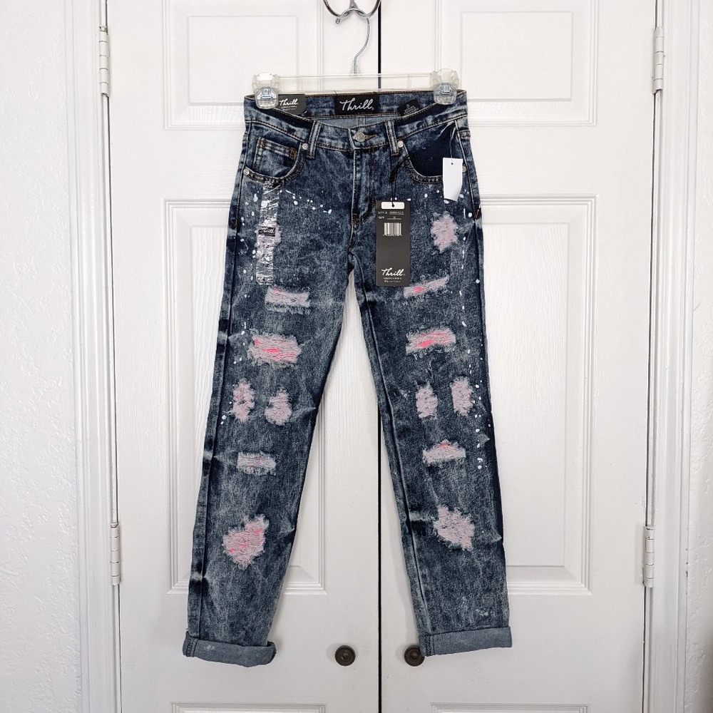THRILL GIRLS' DISTRESSED PAINT SPLATTER JEANS